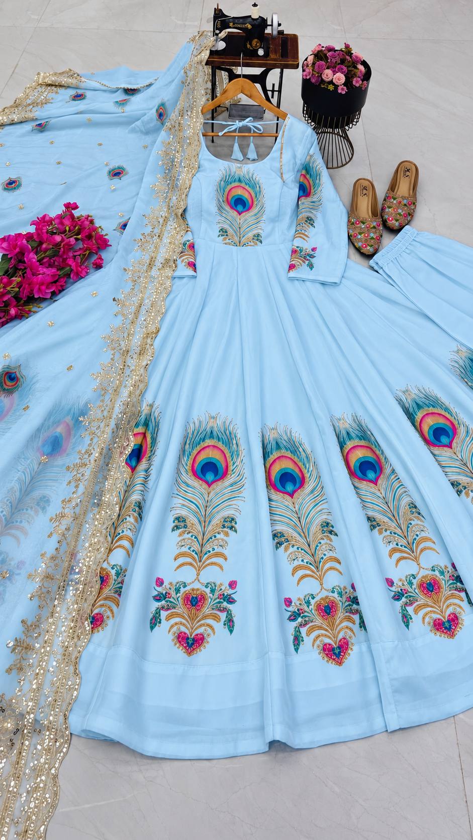 PEACOCK Silk-Finish Printed Embroidered Gown Pant Dupatta Set – Sky Blue, Baby Pink & Off White ClothsVilla