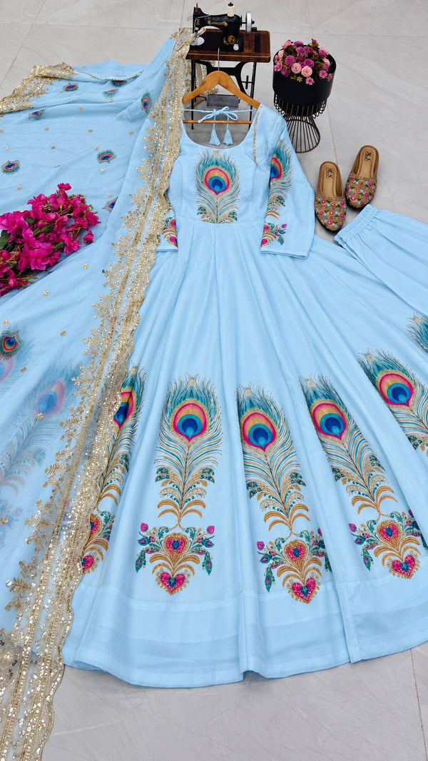 PEACOCK Silk-Finish Printed Embroidered Gown Pant Dupatta Set – Sky Blue, Baby Pink & Off White ClothsVilla
