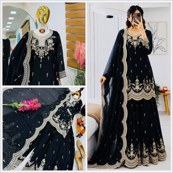 SEVEN HORSES Fendy Satin Embroidered Printed Sharara Suit Dupatta Set ClothsVilla