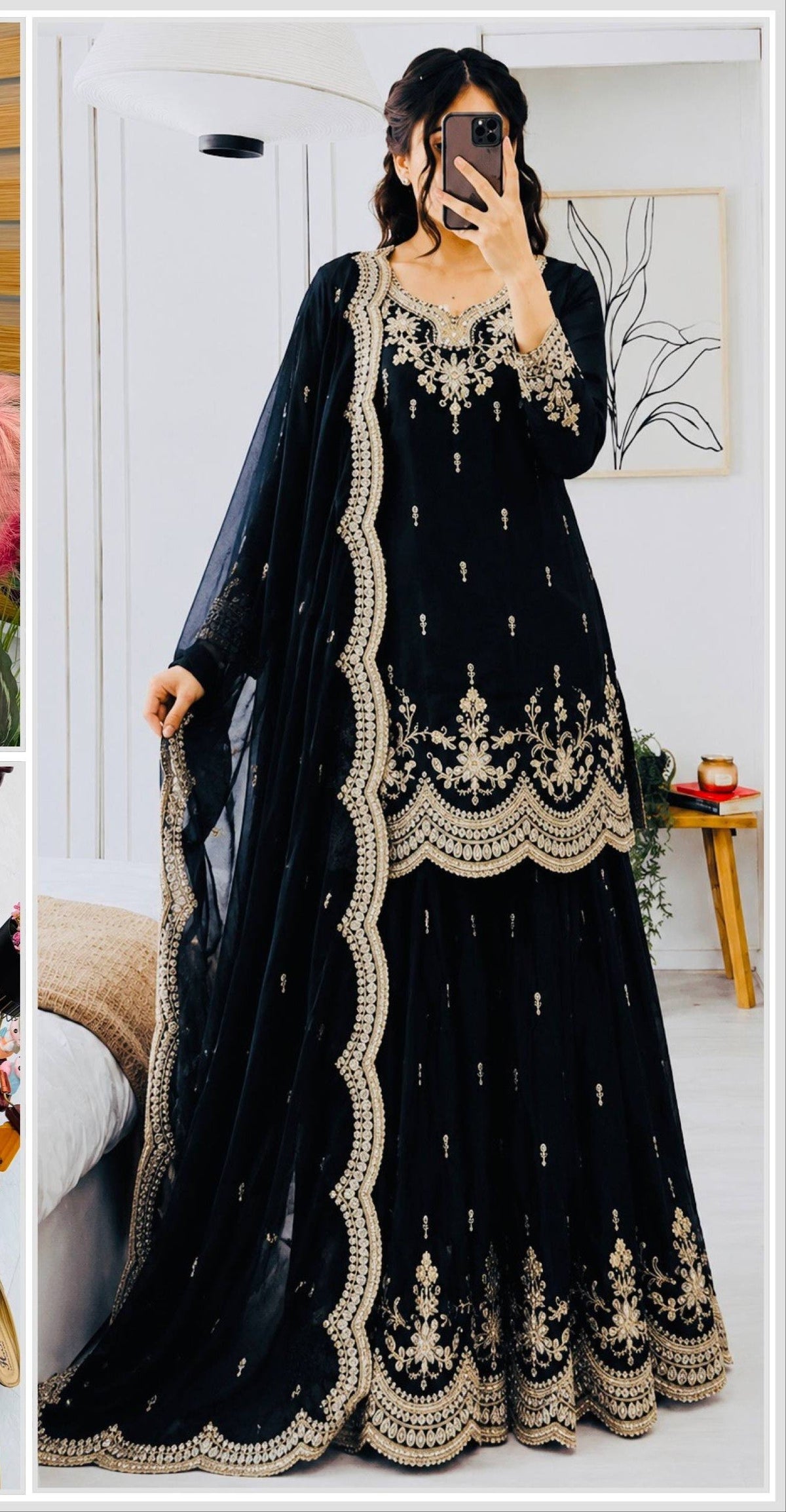 SEVEN HORSES Satin-Finish Embroidered Printed Sharara Suit Dupatta Set ClothsVilla