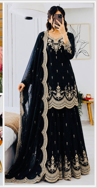 SEVEN HORSES Satin-Finish Embroidered Printed Sharara Suit Dupatta Set ClothsVilla
