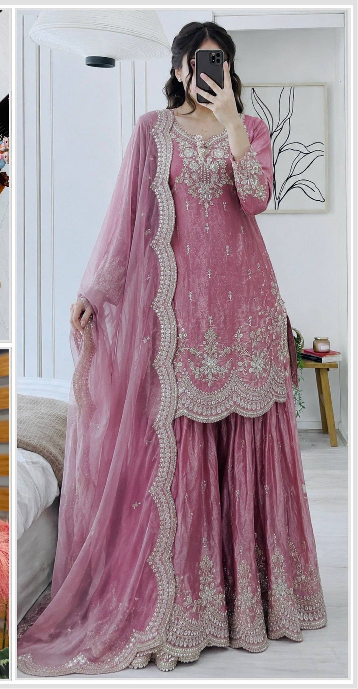 SEVEN HORSES Satin-Finish Embroidered Printed Sharara Suit Dupatta Set ClothsVilla