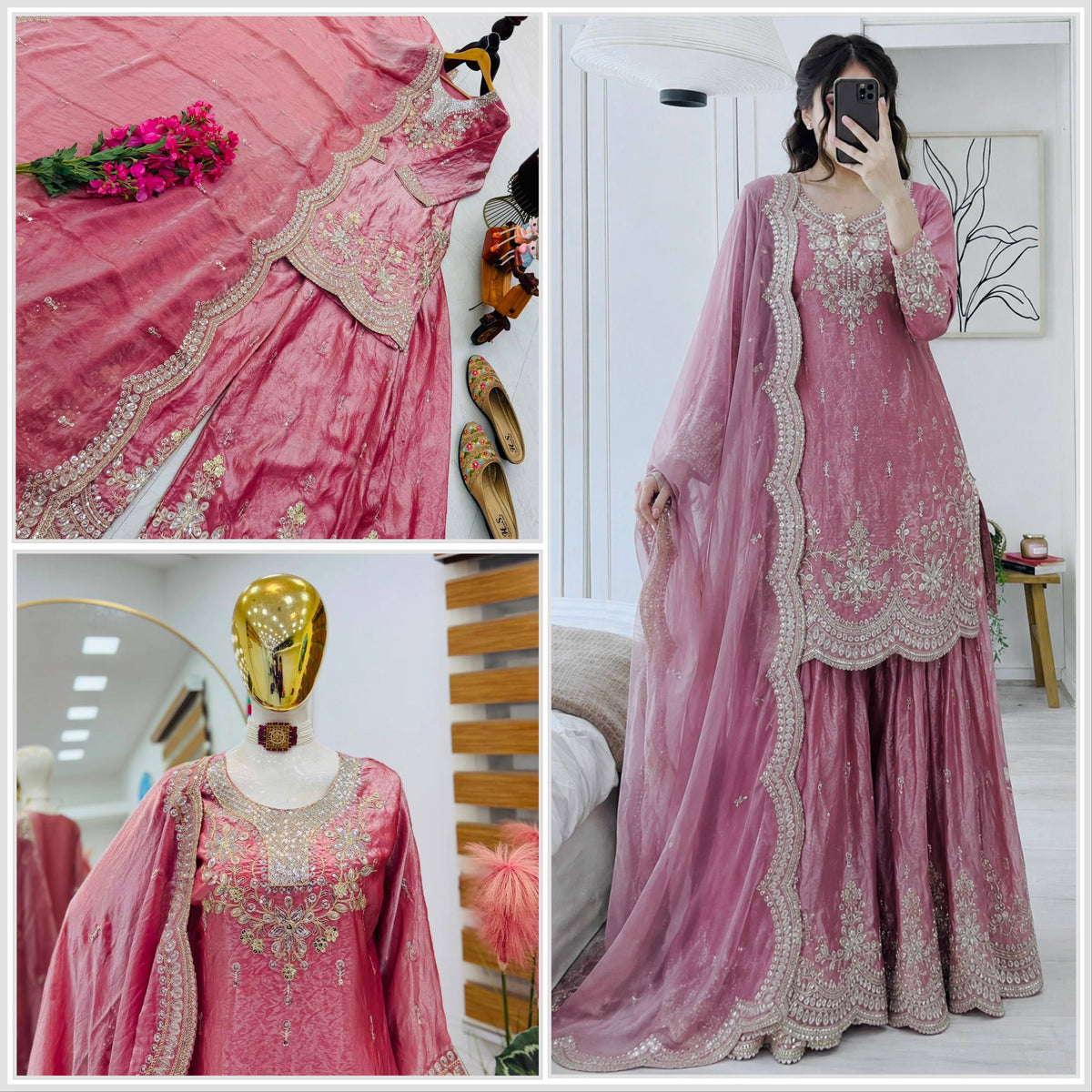 SEVEN HORSES Satin-Finish Embroidered Printed Sharara Suit Dupatta Set ClothsVilla
