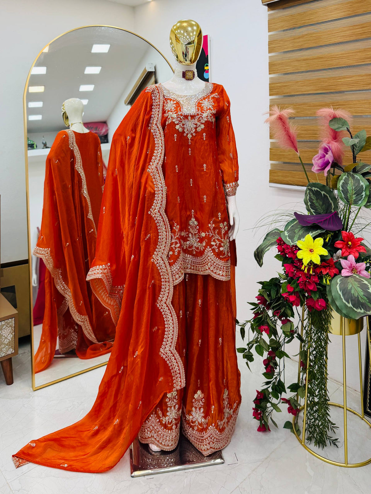 SEVEN HORSES Fendy Satin Embroidered Printed Sharara Suit Dupatta Set ClothsVilla