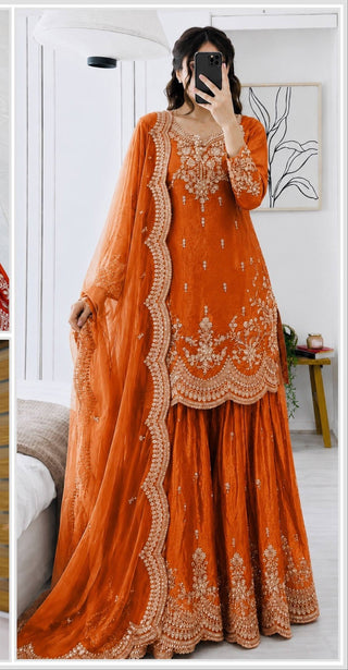SEVEN HORSES Fendy Satin Embroidered Printed Sharara Suit Dupatta Set ClothsVilla