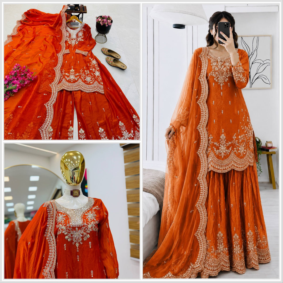 SEVEN HORSES Fendy Satin Embroidered Printed Sharara Suit Dupatta Set ClothsVilla