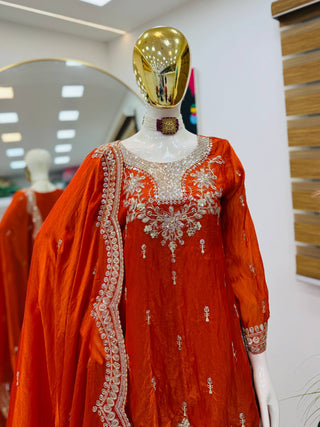 SEVEN HORSES Satin-Finish Embroidered Printed Sharara Suit Dupatta Set ClothsVilla