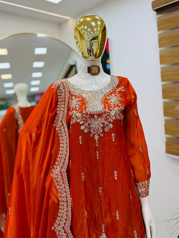 SEVEN HORSES Satin-Finish Embroidered Printed Sharara Suit Dupatta Set ClothsVilla