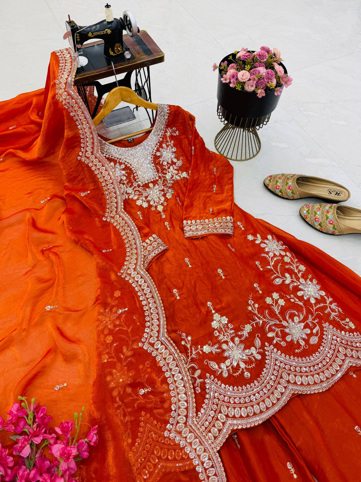 SEVEN HORSES Satin-Finish Embroidered Printed Sharara Suit Dupatta Set ClothsVilla