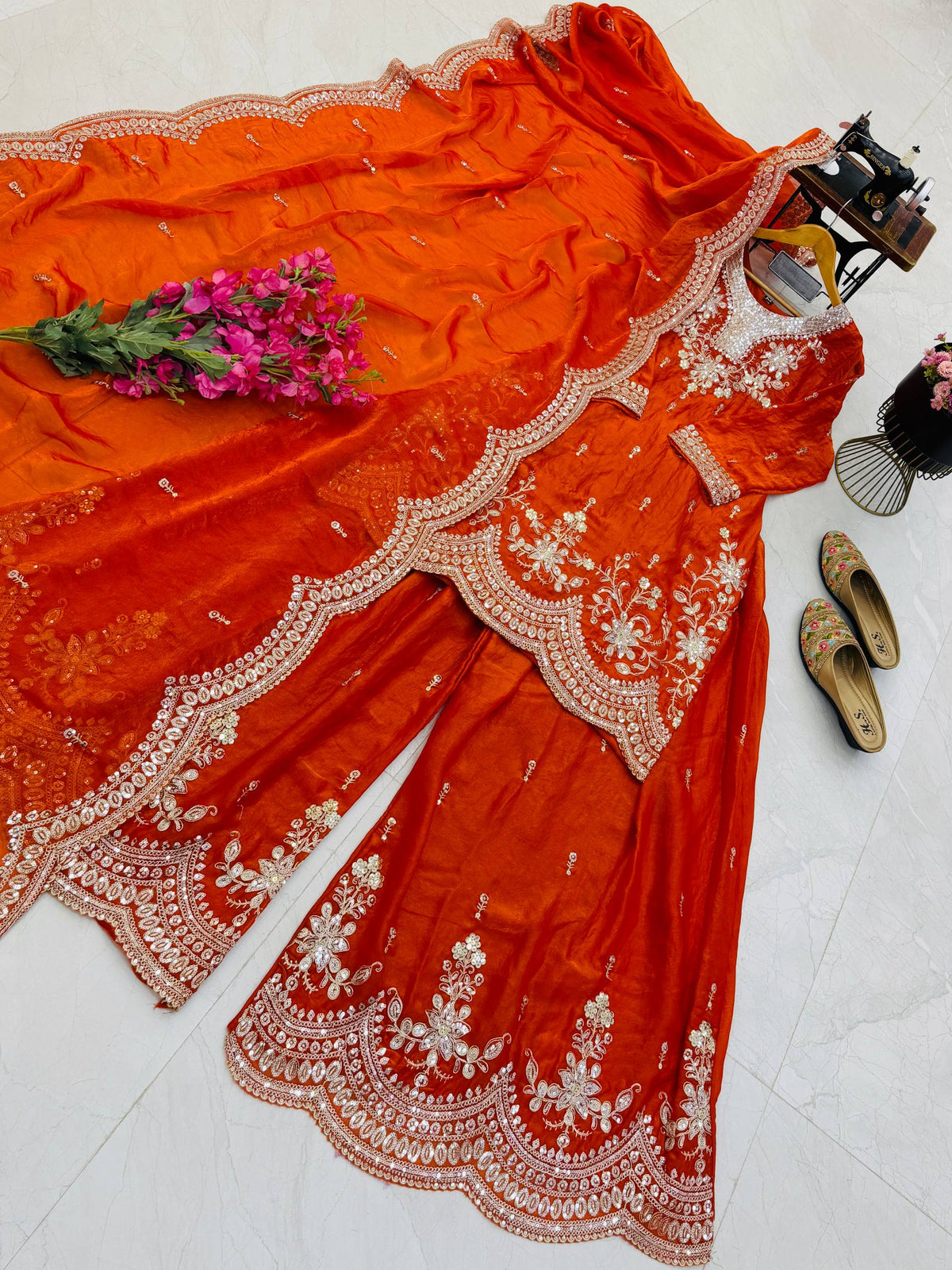 SEVEN HORSES Satin-Finish Embroidered Printed Sharara Suit Dupatta Set ClothsVilla
