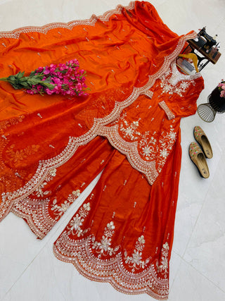 SEVEN HORSES Satin-Finish Embroidered Printed Sharara Suit Dupatta Set ClothsVilla