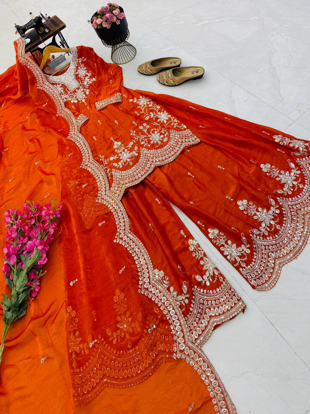 SEVEN HORSES Satin-Finish Embroidered Printed Sharara Suit Dupatta Set ClothsVilla