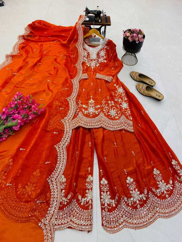 SEVEN HORSES Satin-Finish Embroidered Printed Sharara Suit Dupatta Set ClothsVilla
