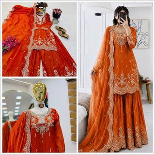 SEVEN HORSES Satin-Finish Embroidered Printed Sharara Suit Dupatta Set ClothsVilla