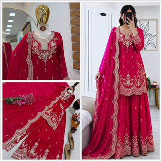 SEVEN HORSES Fendy Satin Embroidered Printed Sharara Suit Dupatta Set ClothsVilla