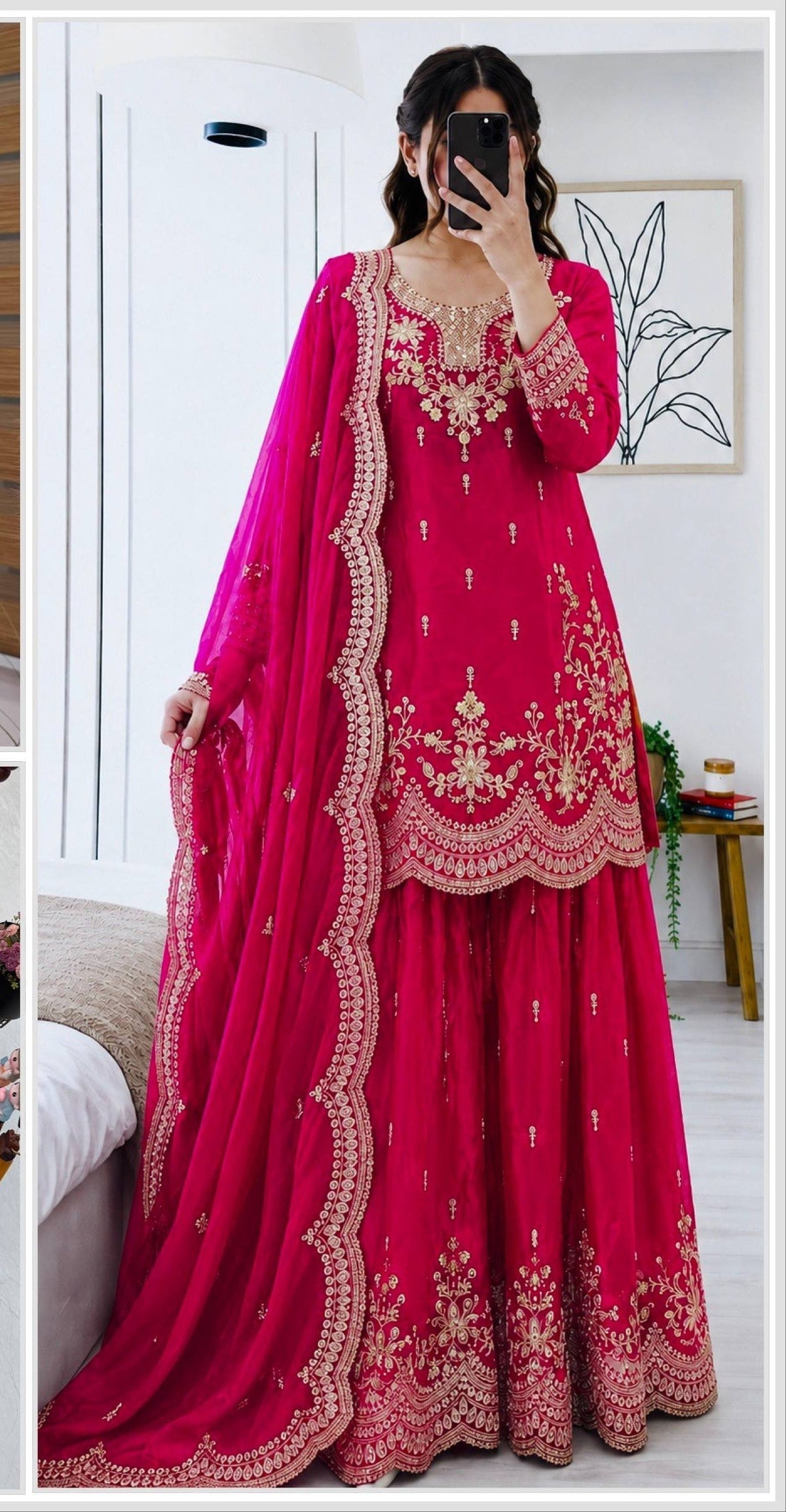 SEVEN HORSES Satin-Finish Embroidered Printed Sharara Suit Dupatta Set ClothsVilla