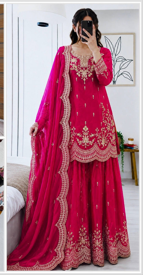 SEVEN HORSES Satin-Finish Embroidered Printed Sharara Suit Dupatta Set ClothsVilla