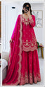 SEVEN HORSES Satin-Finish Embroidered Printed Sharara Suit Dupatta Set ClothsVilla