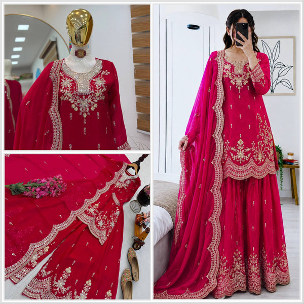 SEVEN HORSES Satin-Finish Embroidered Printed Sharara Suit Dupatta Set ClothsVilla