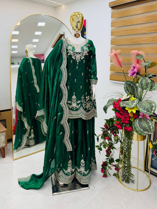 SEVEN HORSES Fendy Satin Embroidered Printed Sharara Suit Dupatta Set ClothsVilla