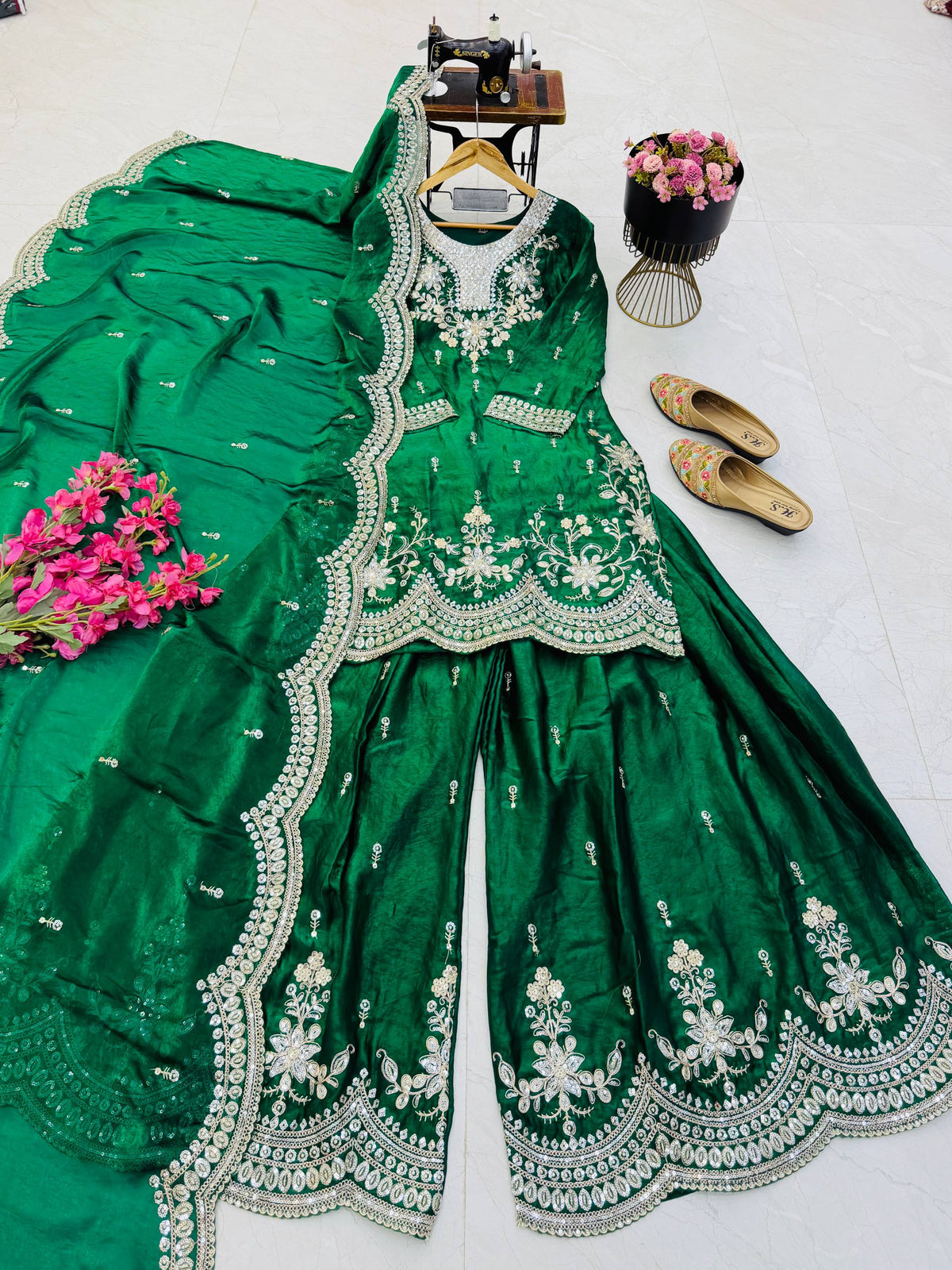 SEVEN HORSES Fendy Satin Embroidered Printed Sharara Suit Dupatta Set ClothsVilla