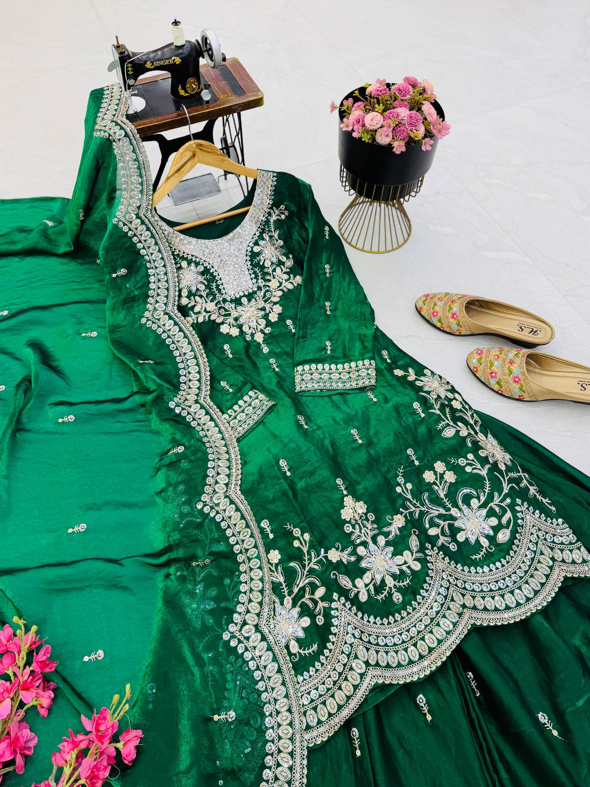 SEVEN HORSES Satin-Finish Embroidered Printed Sharara Suit Dupatta Set ClothsVilla