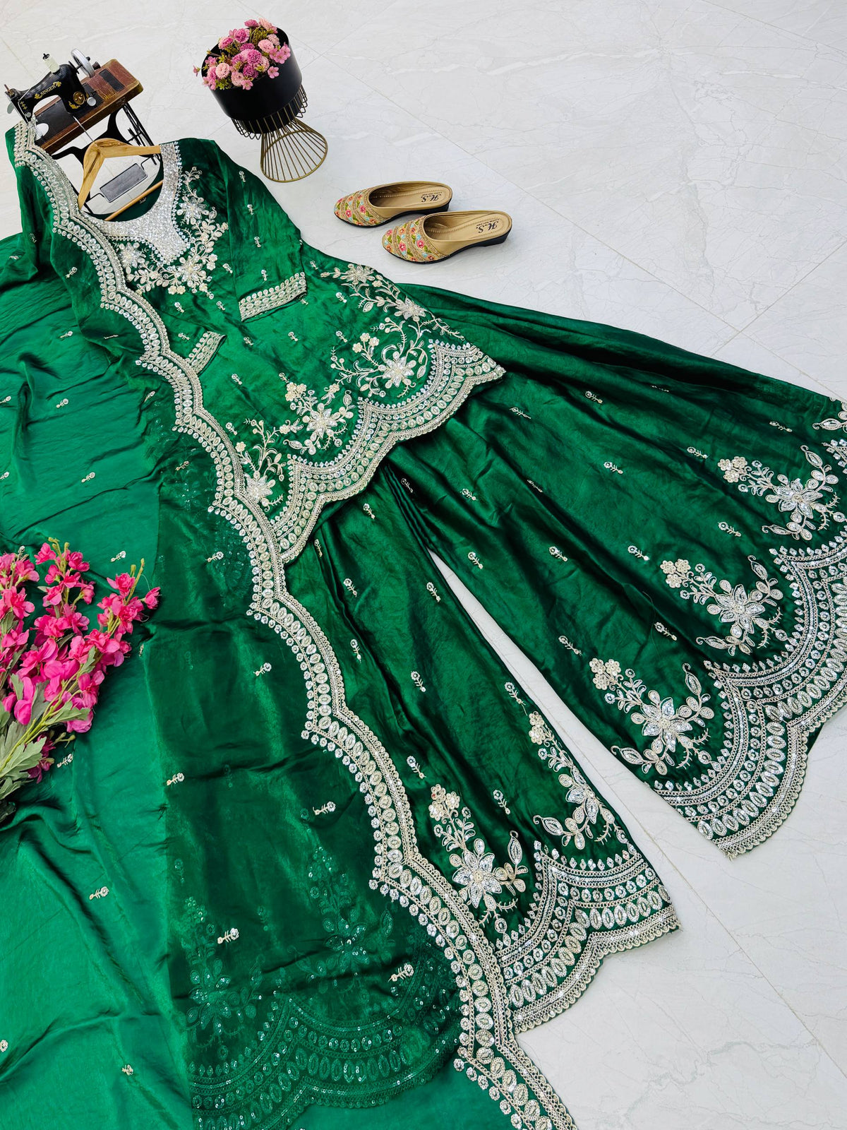 SEVEN HORSES Satin-Finish Embroidered Printed Sharara Suit Dupatta Set ClothsVilla