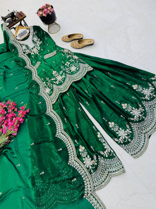 SEVEN HORSES Satin-Finish Embroidered Printed Sharara Suit Dupatta Set ClothsVilla