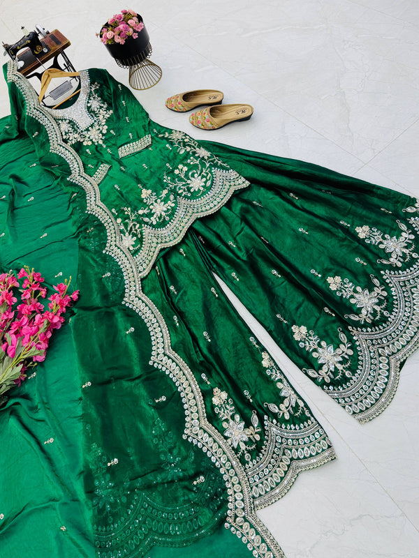 SEVEN HORSES Satin-Finish Embroidered Printed Sharara Suit Dupatta Set ClothsVilla