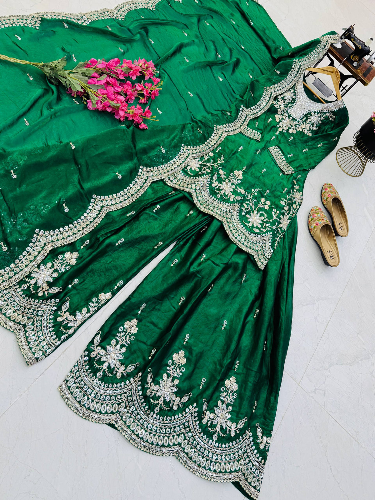 SEVEN HORSES Satin-Finish Embroidered Printed Sharara Suit Dupatta Set ClothsVilla