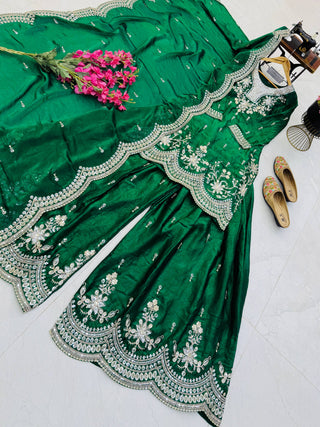 SEVEN HORSES Satin-Finish Embroidered Printed Sharara Suit Dupatta Set ClothsVilla