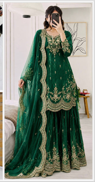 SEVEN HORSES Satin-Finish Embroidered Printed Sharara Suit Dupatta Set ClothsVilla