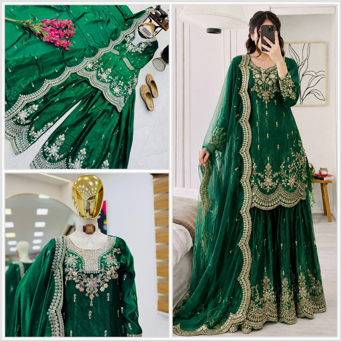 SEVEN HORSES Satin-Finish Embroidered Printed Sharara Suit Dupatta Set ClothsVilla