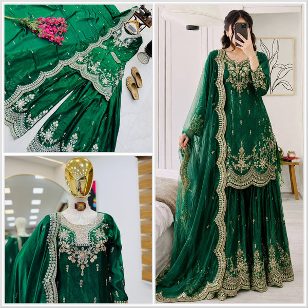 SEVEN HORSES Satin-Finish Embroidered Printed Sharara Suit Dupatta Set ClothsVilla