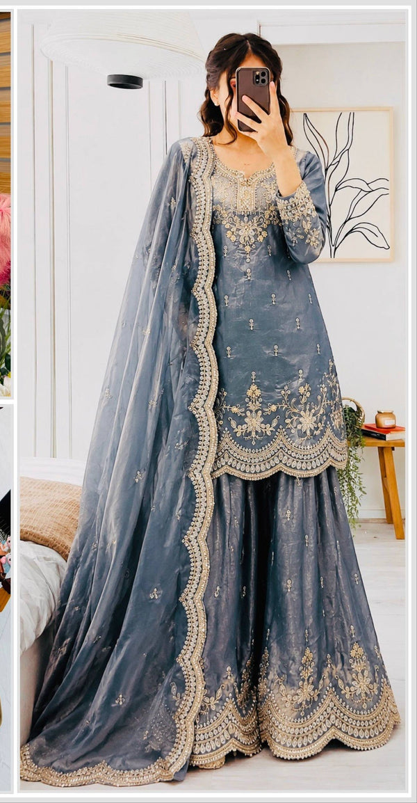SEVEN HORSES Fendy Satin Embroidered Printed Sharara Suit Dupatta Set ClothsVilla