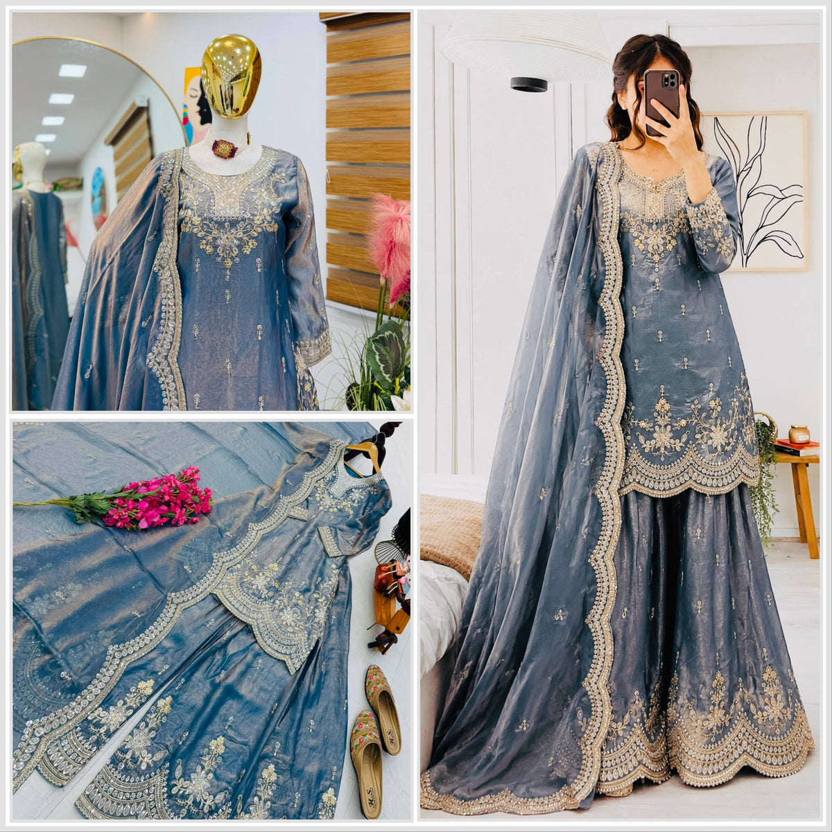 SEVEN HORSES Satin-Finish Embroidered Printed Sharara Suit Dupatta Set ClothsVilla