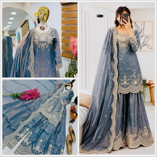 SEVEN HORSES Satin-Finish Embroidered Printed Sharara Suit Dupatta Set ClothsVilla