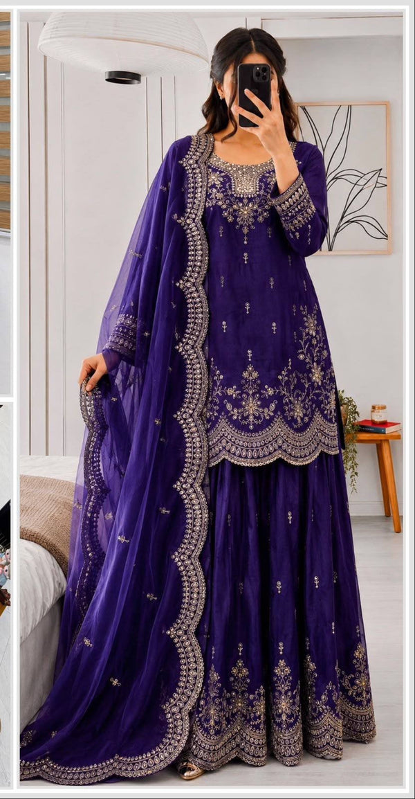 SEVEN HORSES Satin-Finish Embroidered Printed Sharara Suit Dupatta Set ClothsVilla