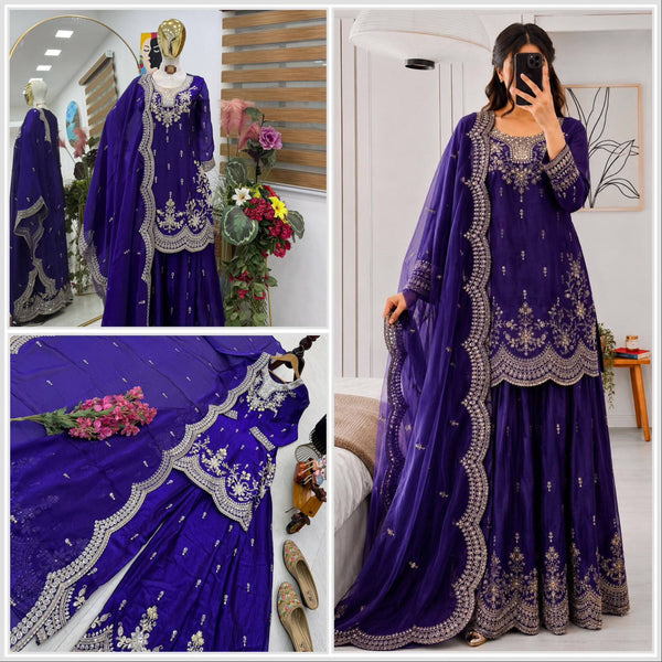 SEVEN HORSES Satin-Finish Embroidered Printed Sharara Suit Dupatta Set ClothsVilla
