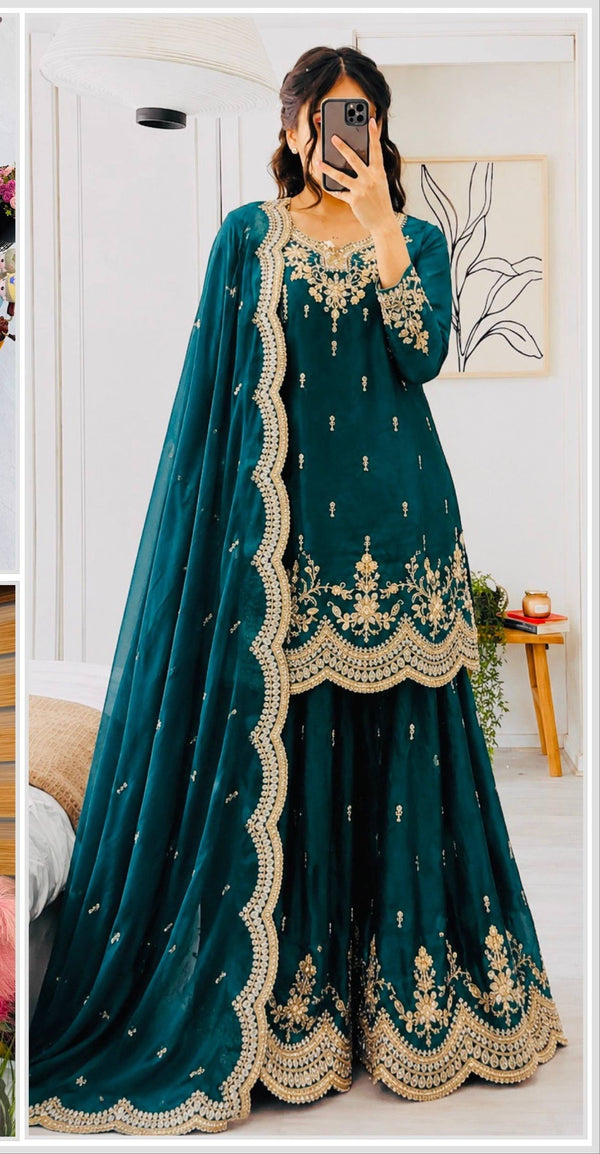 SEVEN HORSES Fendy Satin Embroidered Printed Sharara Suit Dupatta Set ClothsVilla