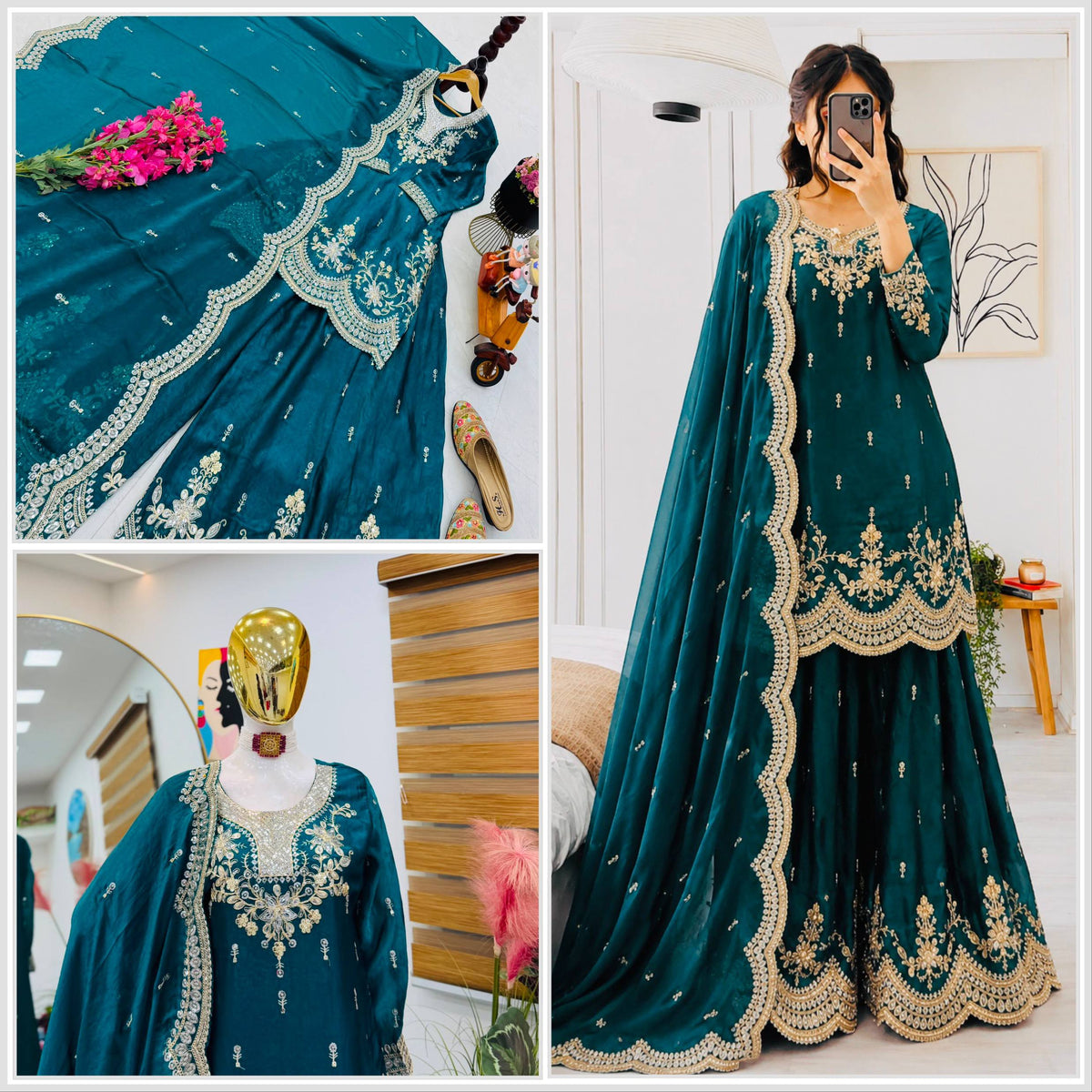 SEVEN HORSES Satin-Finish Embroidered Printed Sharara Suit Dupatta Set ClothsVilla