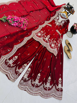 SEVEN HORSES Fendy Satin Embroidered Printed Sharara Suit Dupatta Set ClothsVilla