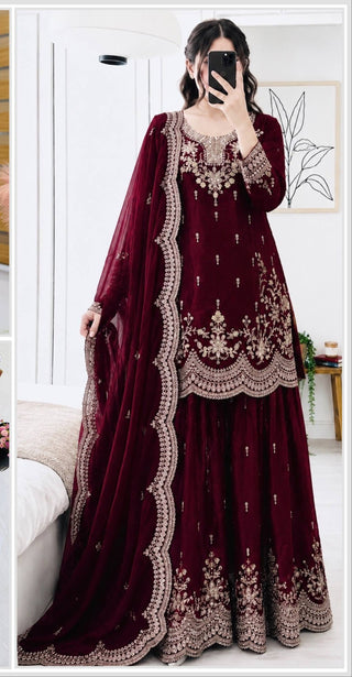 SEVEN HORSES Fendy Satin Embroidered Printed Sharara Suit Dupatta Set ClothsVilla