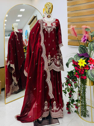 SEVEN HORSES Satin-Finish Embroidered Printed Sharara Suit Dupatta Set ClothsVilla