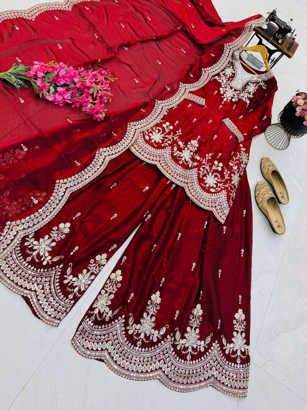 SEVEN HORSES Satin-Finish Embroidered Printed Sharara Suit Dupatta Set ClothsVilla