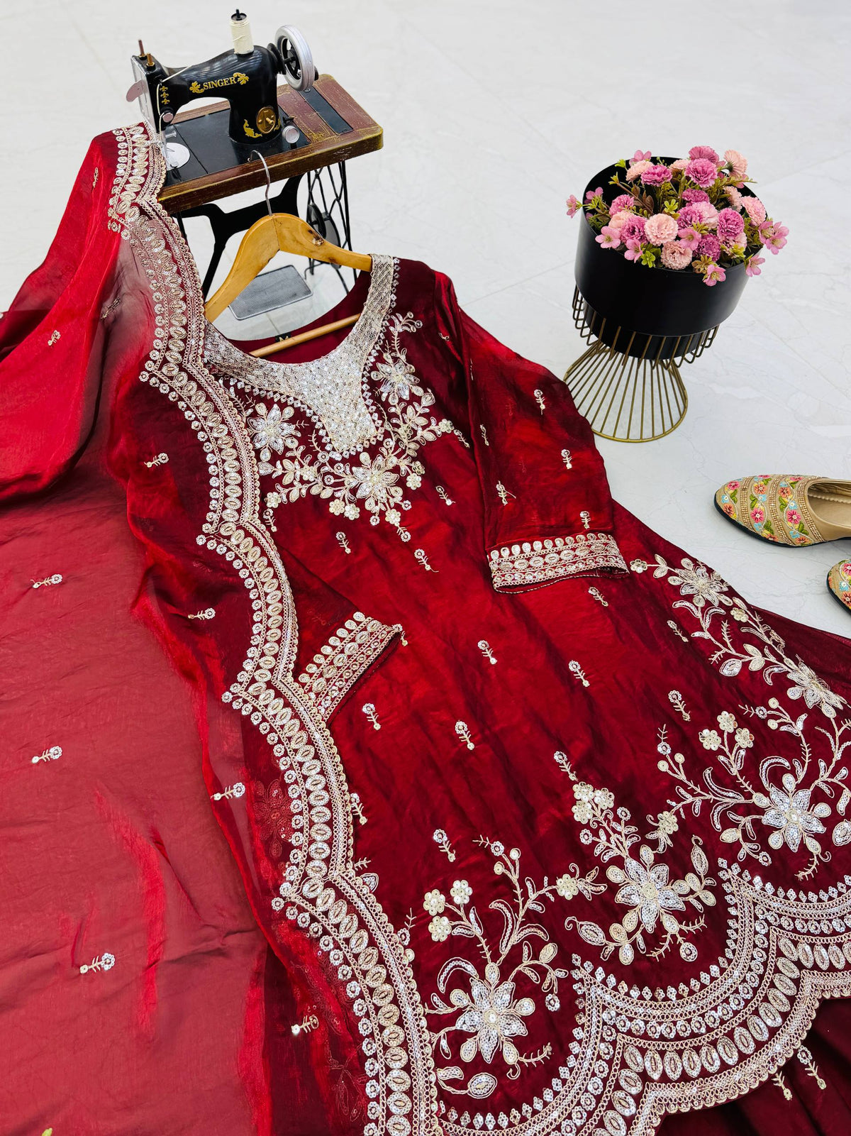 SEVEN HORSES Satin-Finish Embroidered Printed Sharara Suit Dupatta Set ClothsVilla