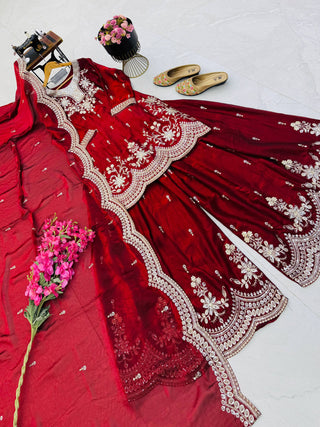 SEVEN HORSES Satin-Finish Embroidered Printed Sharara Suit Dupatta Set ClothsVilla