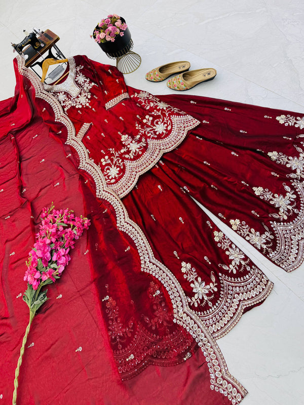 SEVEN HORSES Satin-Finish Embroidered Printed Sharara Suit Dupatta Set ClothsVilla