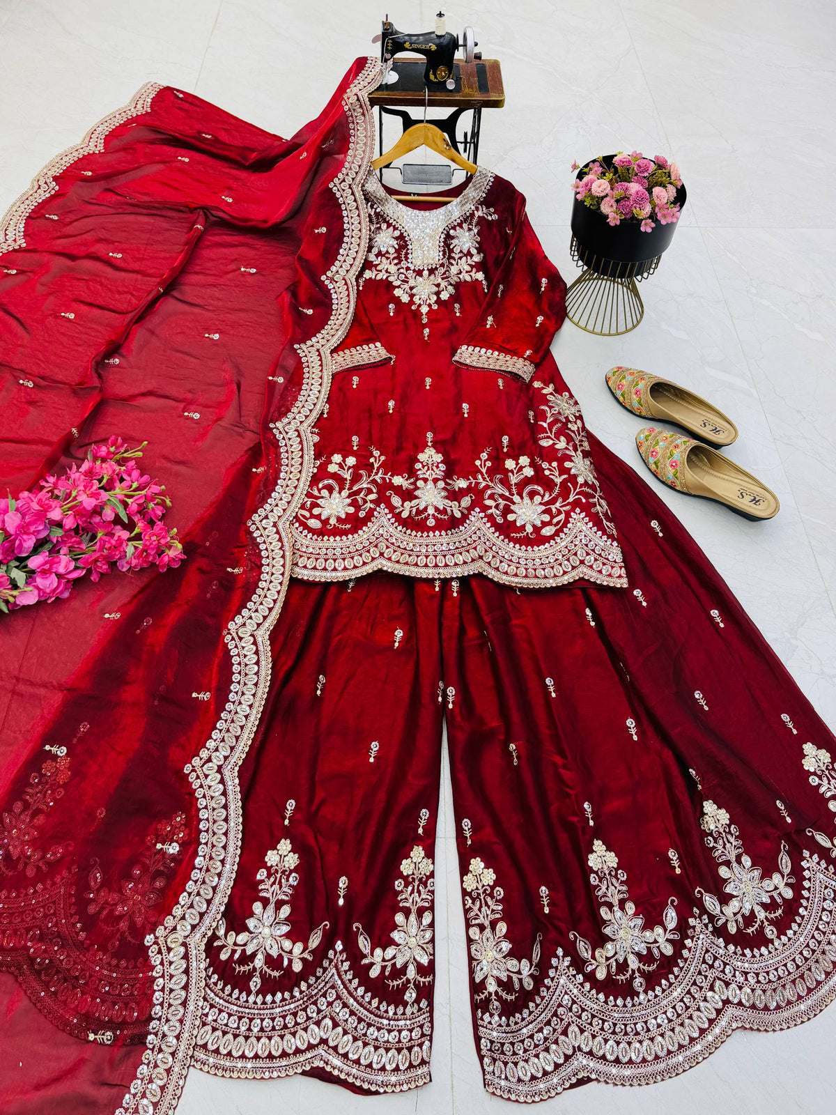 SEVEN HORSES Satin-Finish Embroidered Printed Sharara Suit Dupatta Set ClothsVilla