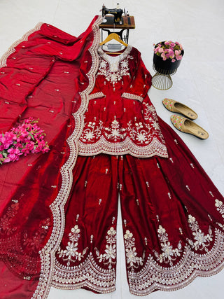 SEVEN HORSES Satin-Finish Embroidered Printed Sharara Suit Dupatta Set ClothsVilla
